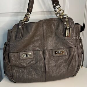 Coach Brown Pebbled Leather Shoulder Bag Gold Chain Strap Pocket Tote Purse